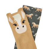 Two pairs of socks with horse designs on a white background